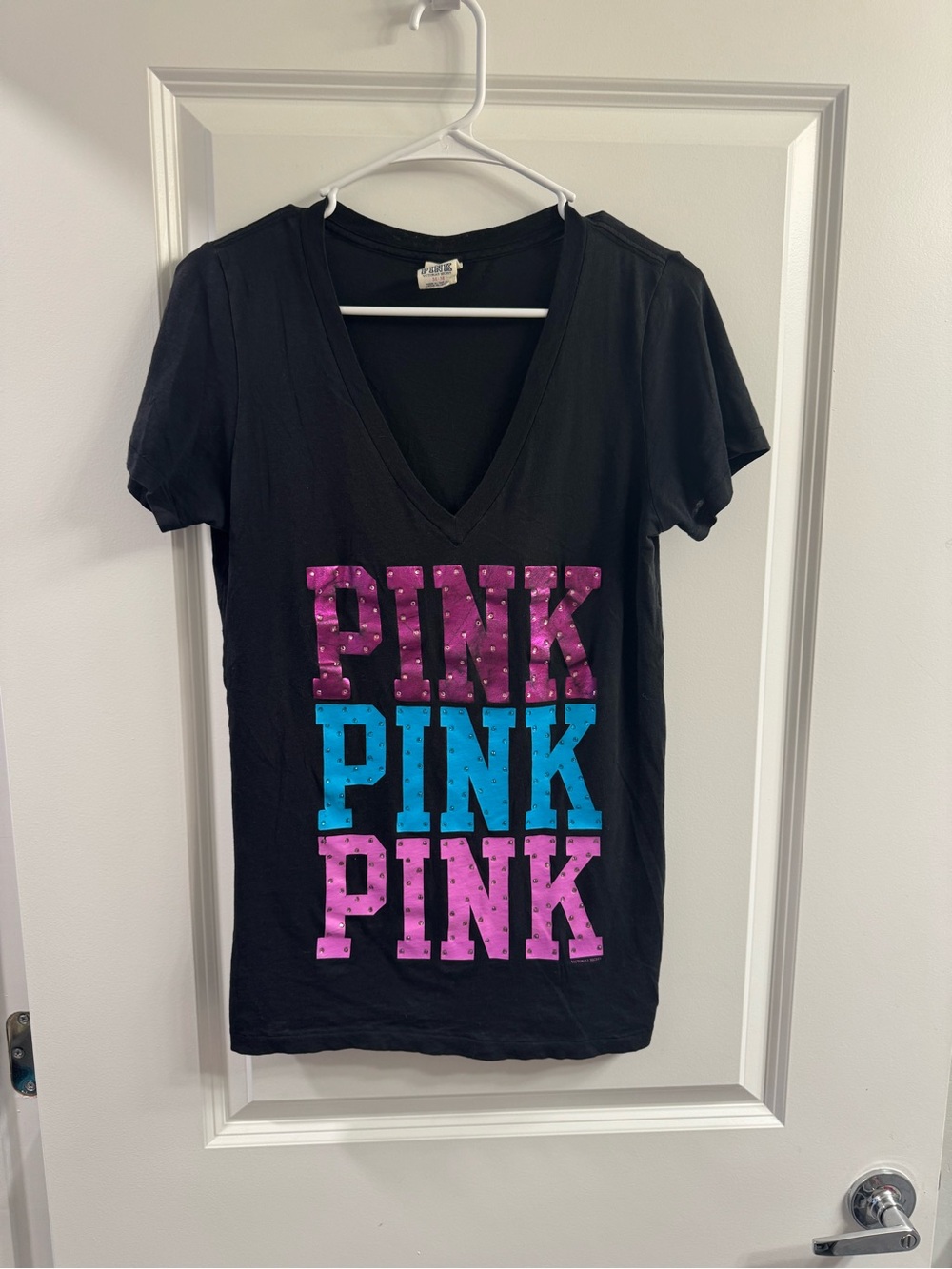 PINK Victoria's Secret Black V-Neck Tee with Pink & Blue Logo